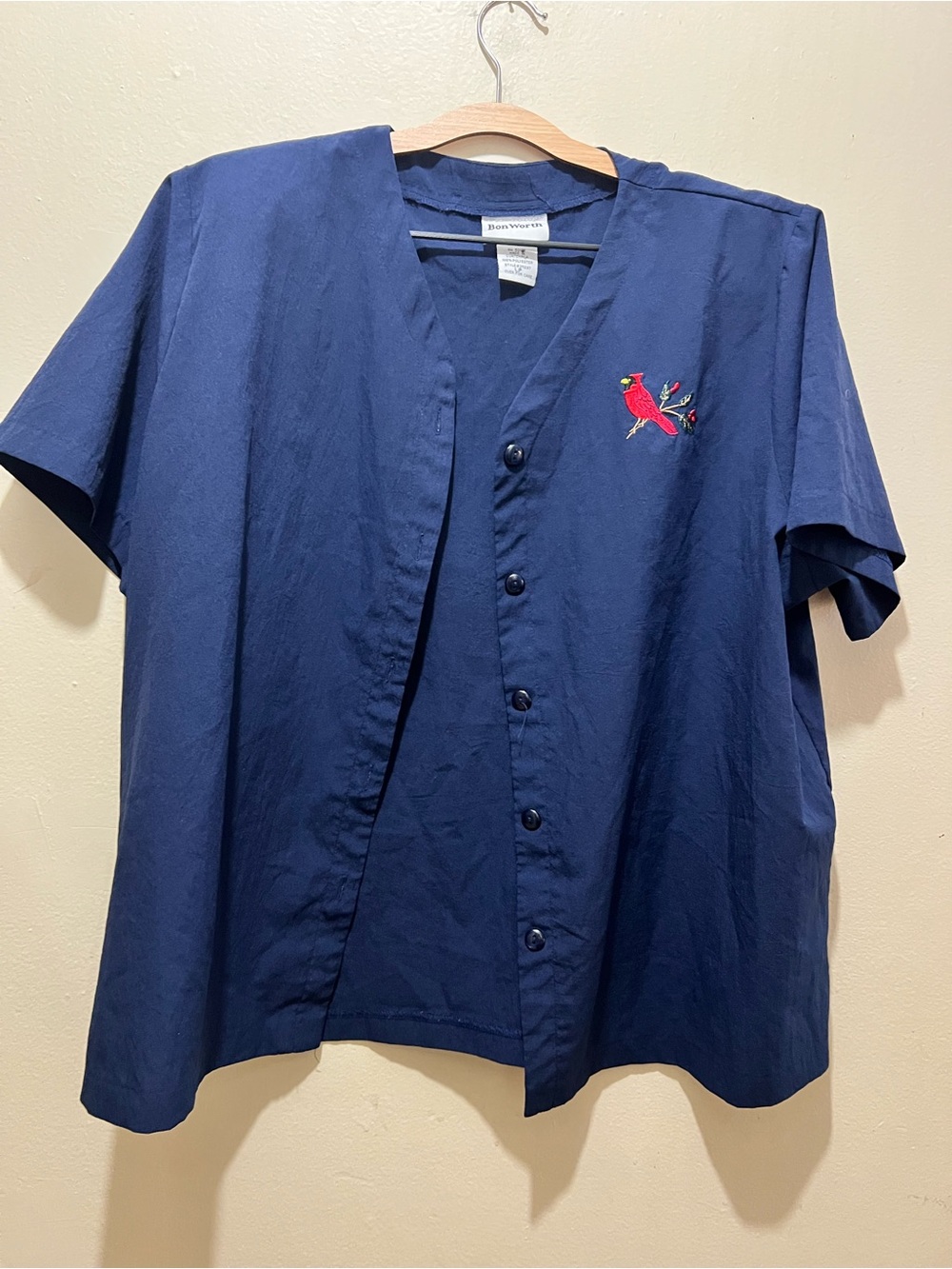 BonWorth Womens “Petite Large” Navy Embroidered Red Cardinal Short Sleeve Blouse